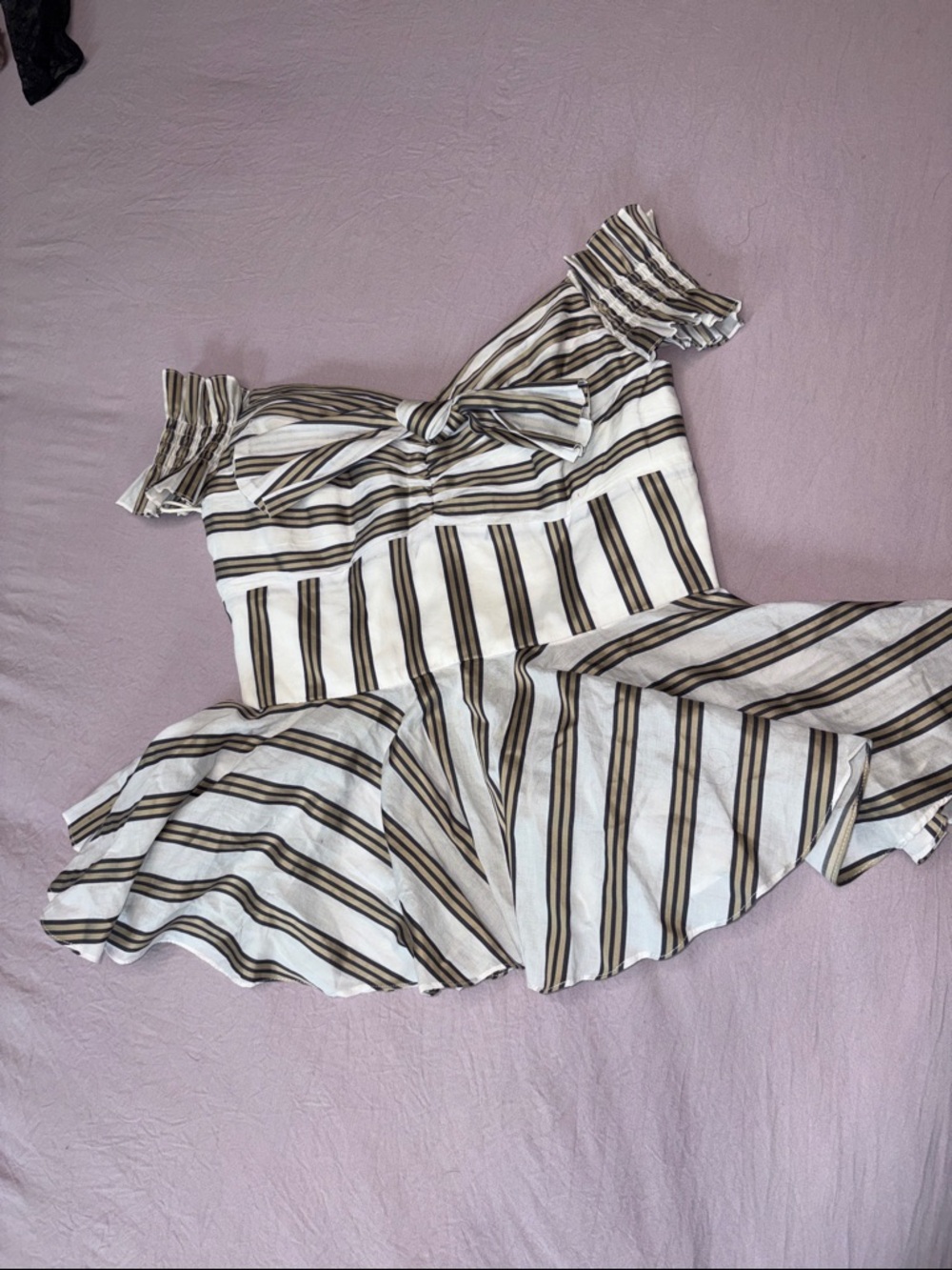 Caroline Constas White and Brown Striped Off-Shoulder Peplum Top